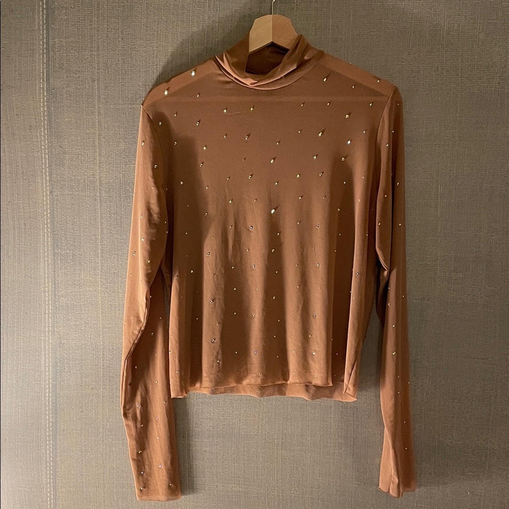 WILD FABLE Tan Long Sleeve Blouse with Crystal Appliqué